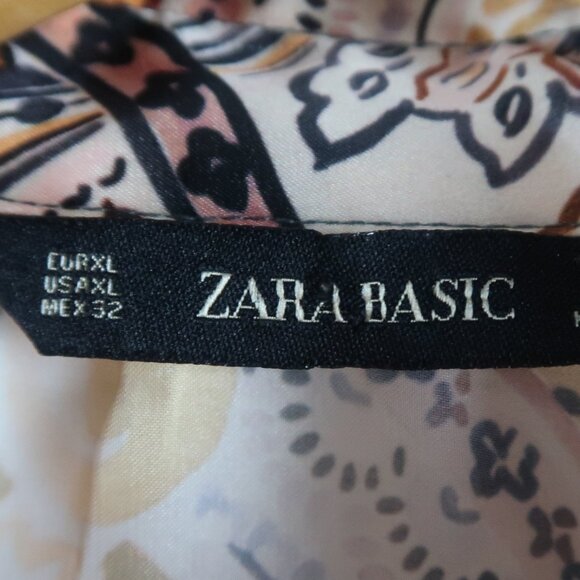 ZARA BASIC PEACH YELLOW & GREY PAISLEY LONG SLEEVE BUTTON DOWN DRESS SIZE XL - Picture 2 of 12